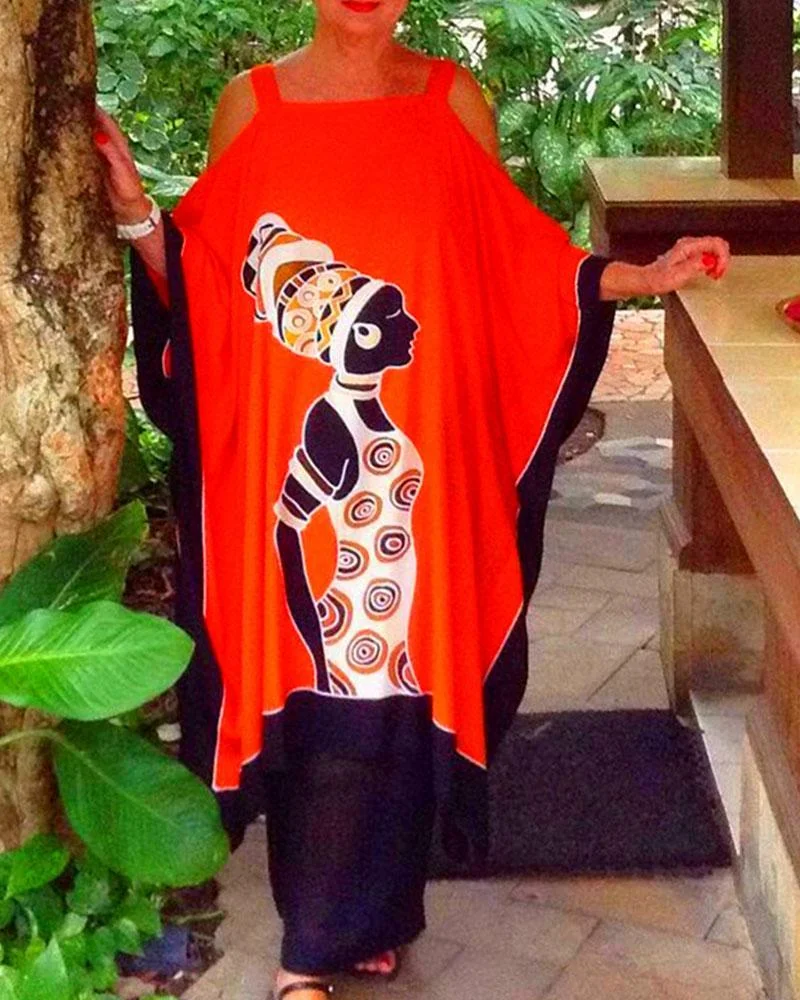 Positioning Print Suspender Mid Length Dress