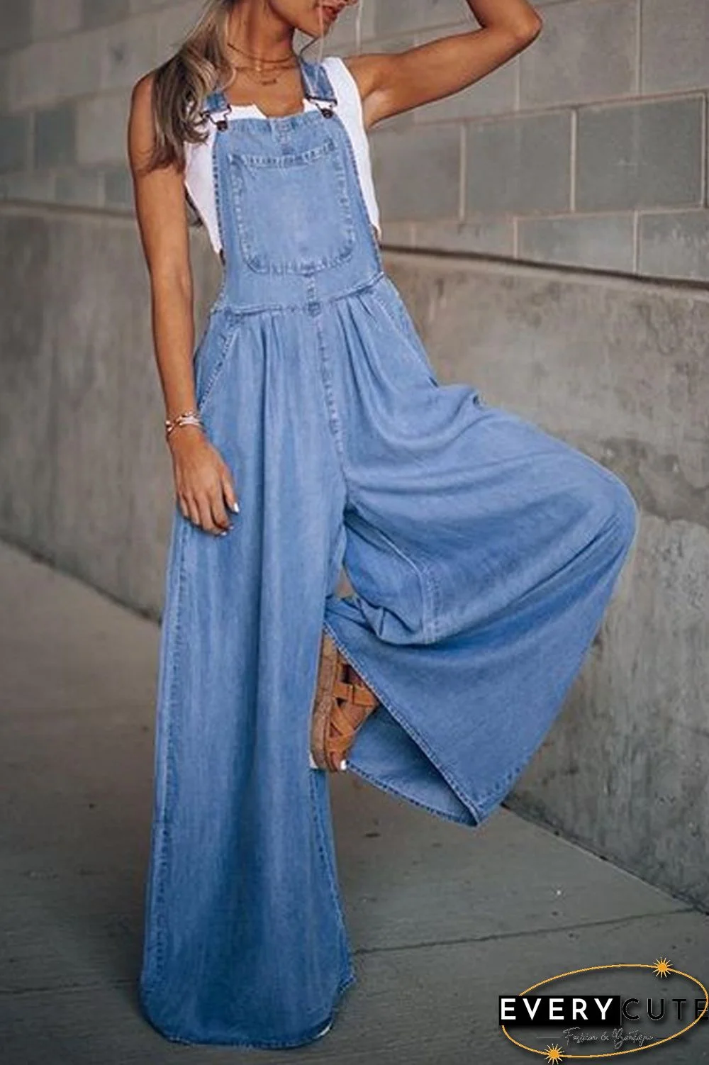 Denim Wide Leg Suspenders Jumpsuit