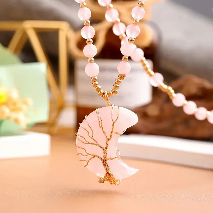 Olivenorma Moon Shape Crystal Tree Of Life Beads Gemstone Necklace
