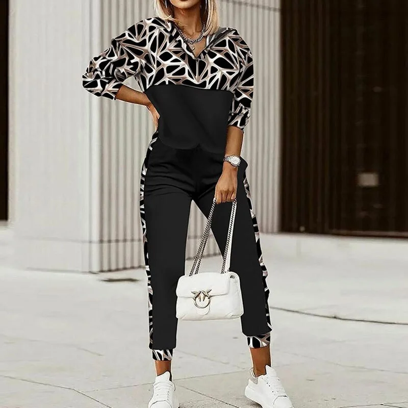 Women Spring Tracksuits Elegant Patchwork Print 2 PC Sets Long Sleeve V-Neck Pullover Top Loose Long Pants Casual Outfit Jogging