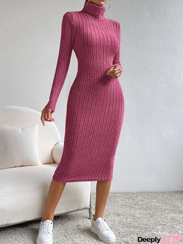 Long Sleeves Skinny Solid Color Split-Joint High Neck Midi Dresses Sweater Dresses