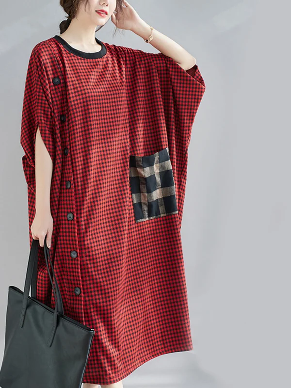 Loose Patchwork Irregular Batwing Sleeve Midi Dress