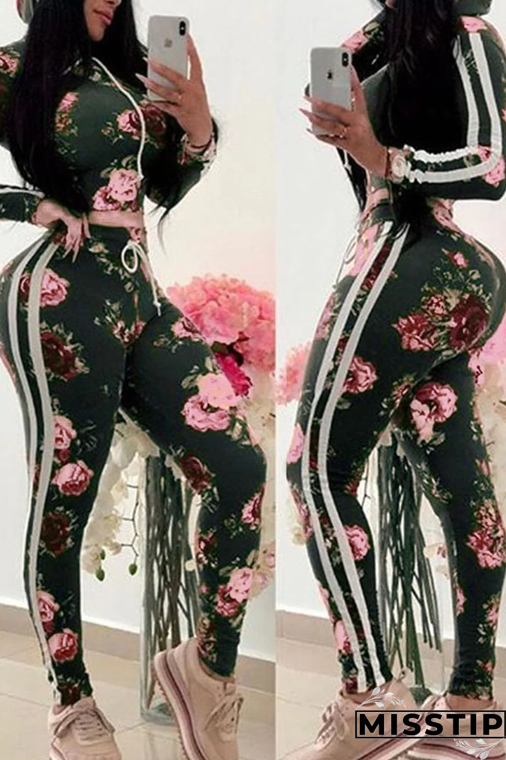 Green Casual Hooded Collar Floral Printed Knitting Two-piece Pants Set (Batch Print)