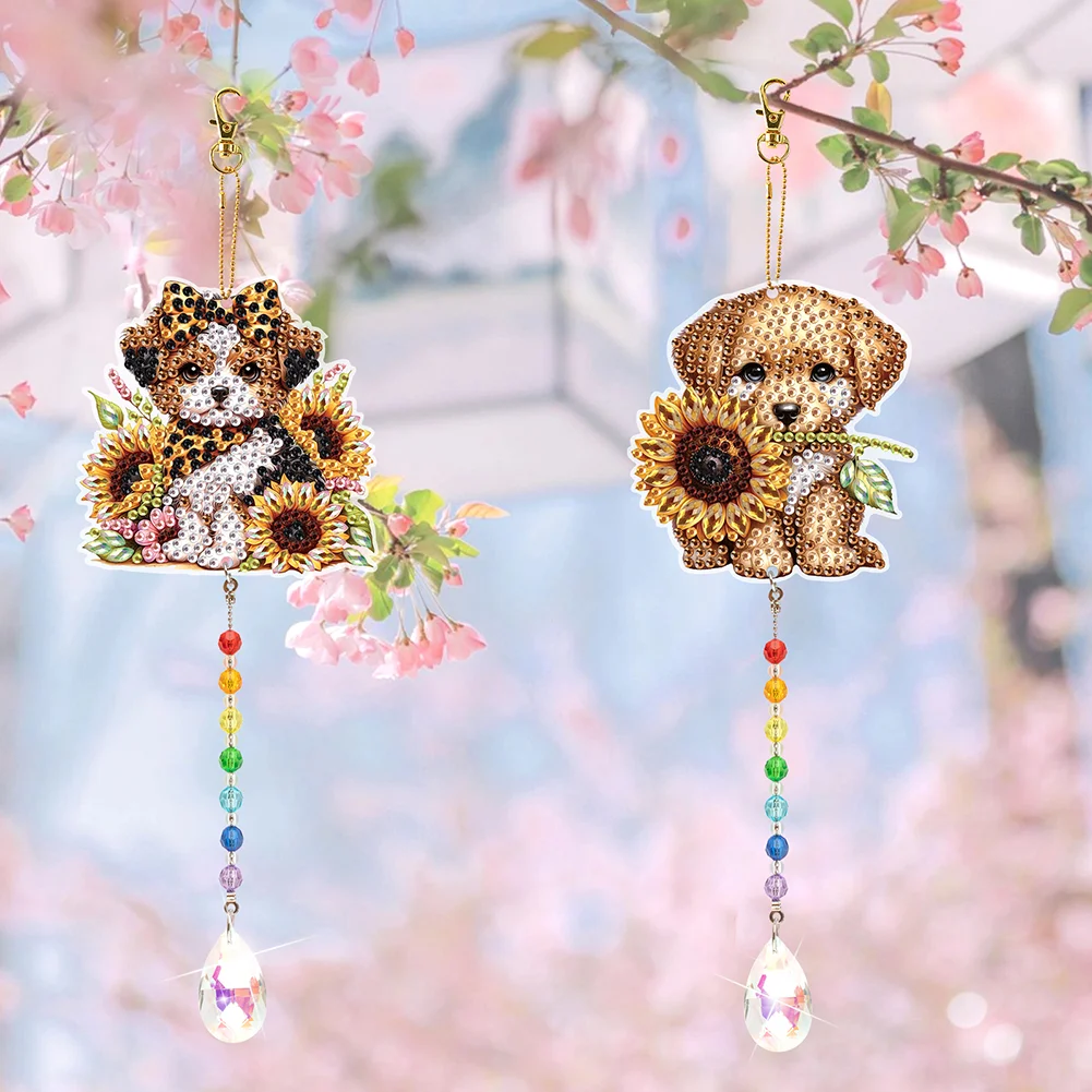 2Pcs 5D DIY Diamond Painting Sun Catcher Crystal Painting Ornaments (Puppy)