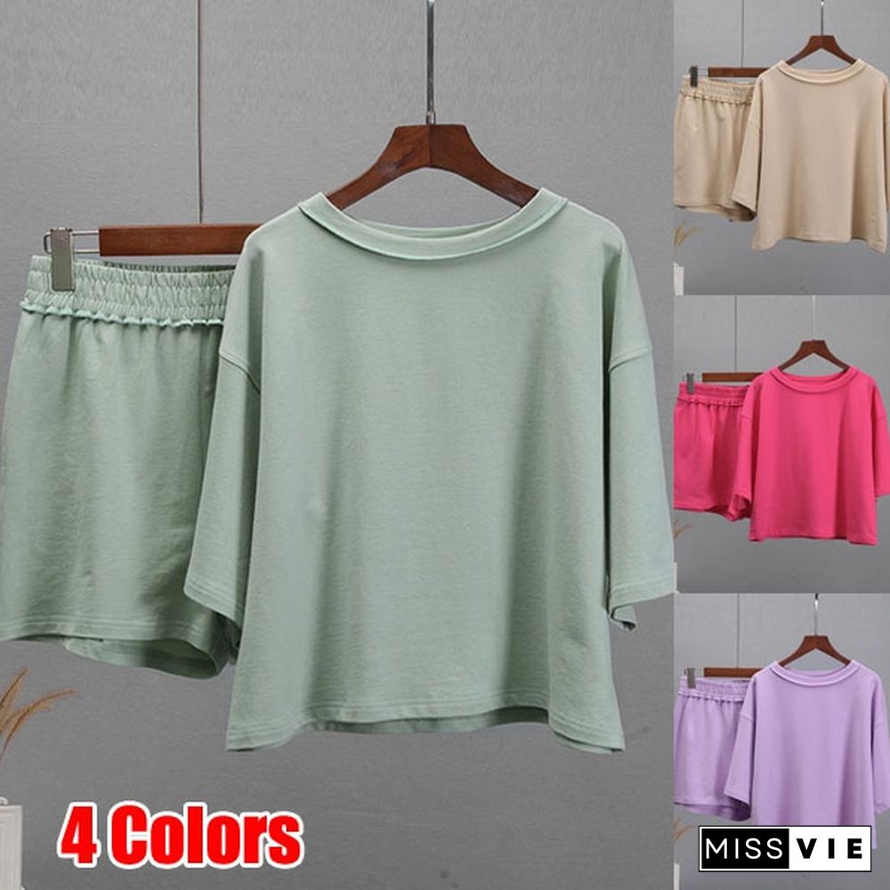 Summer Cotton Sets Women Casual Two Pieces T Shirts and Elastic Waist Shorts Pants Loose Soft Tracksuit