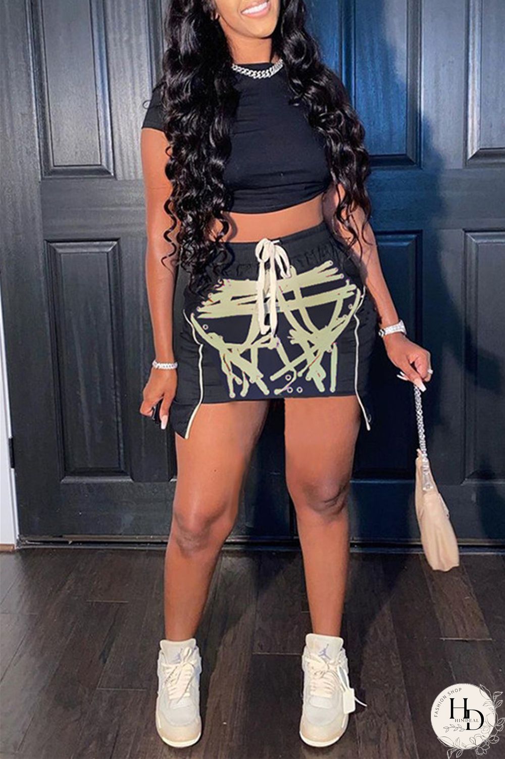 Red Fashion Sexy Print Asymmetrical O Neck Short Sleeve Two Pieces