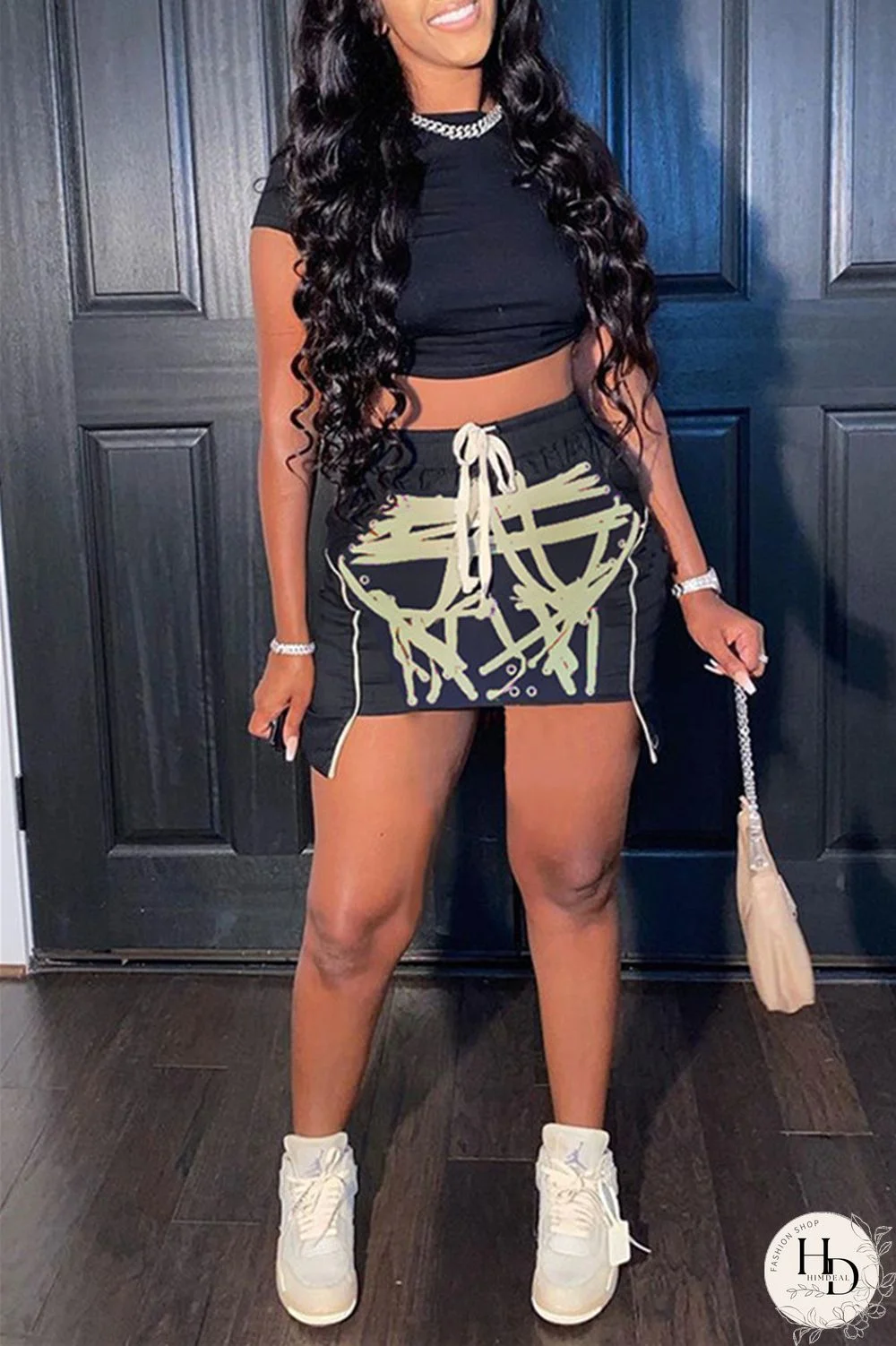 Red Fashion Sexy Print Asymmetrical O Neck Short Sleeve Two Pieces