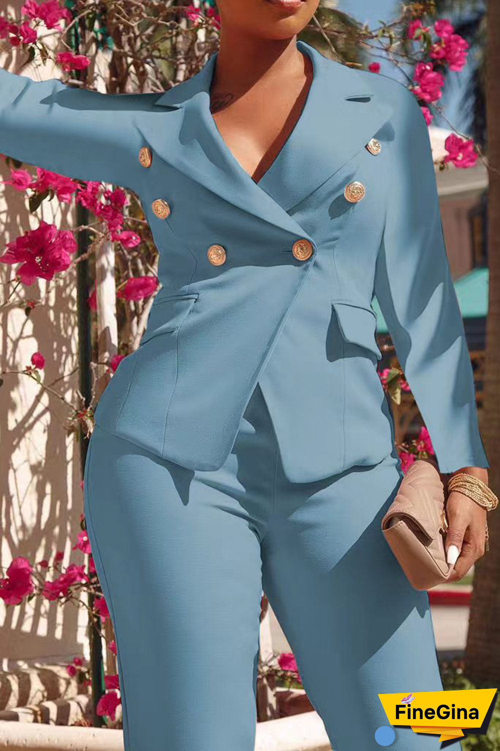 Pink Fashion Solid Buckle Turndown Collar Long Sleeve Two Pieces