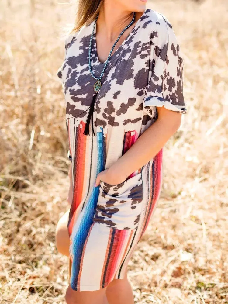 Women's Short Sleeve V-neck Colorblock Leopard Printed Midi Dress