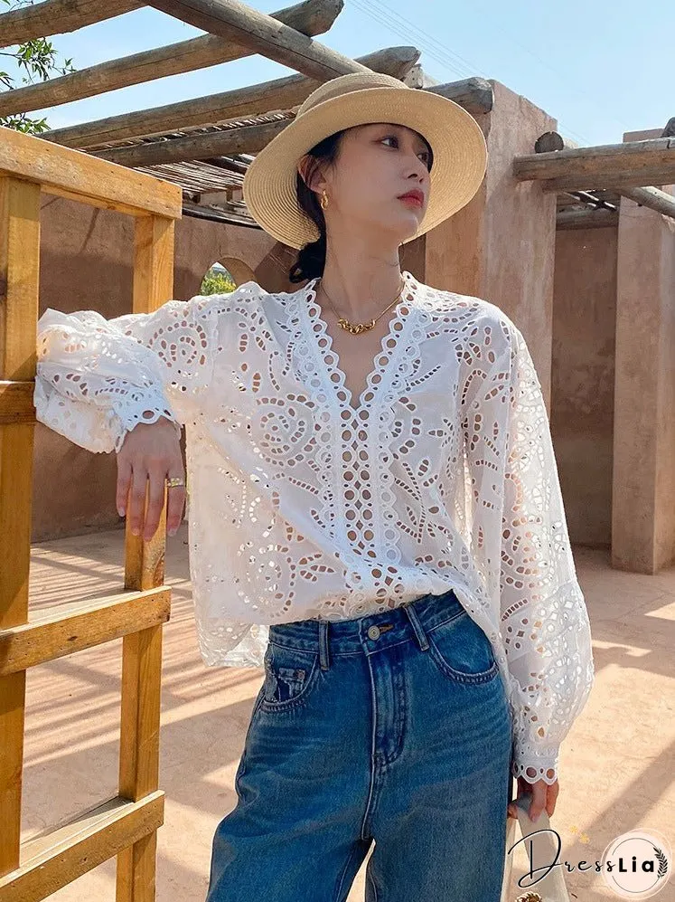 Women's Cotton Embroidered French White Shirt Long Clothing