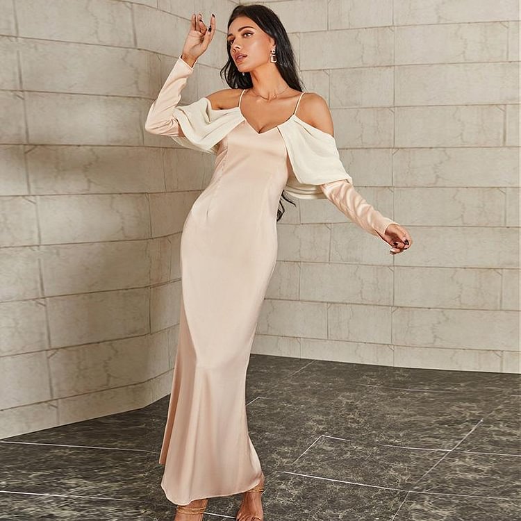 Promsstyle Promsstyle Off shoulder long sleeve solid slip dress Prom Dress 2023