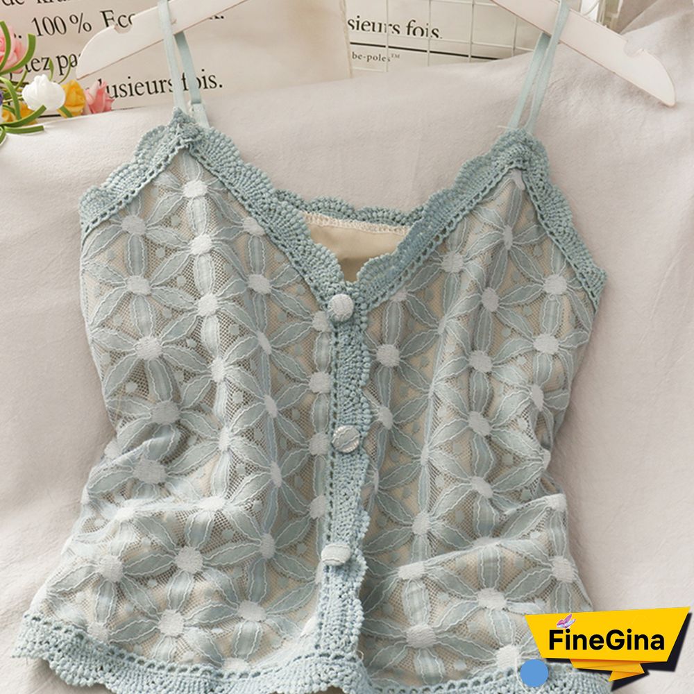 Korean Sling Camisoles Women Clothes Hollow Lace Stitching Dot Print Crop Tops Button Stitching Skinny Tank Top Female Camis