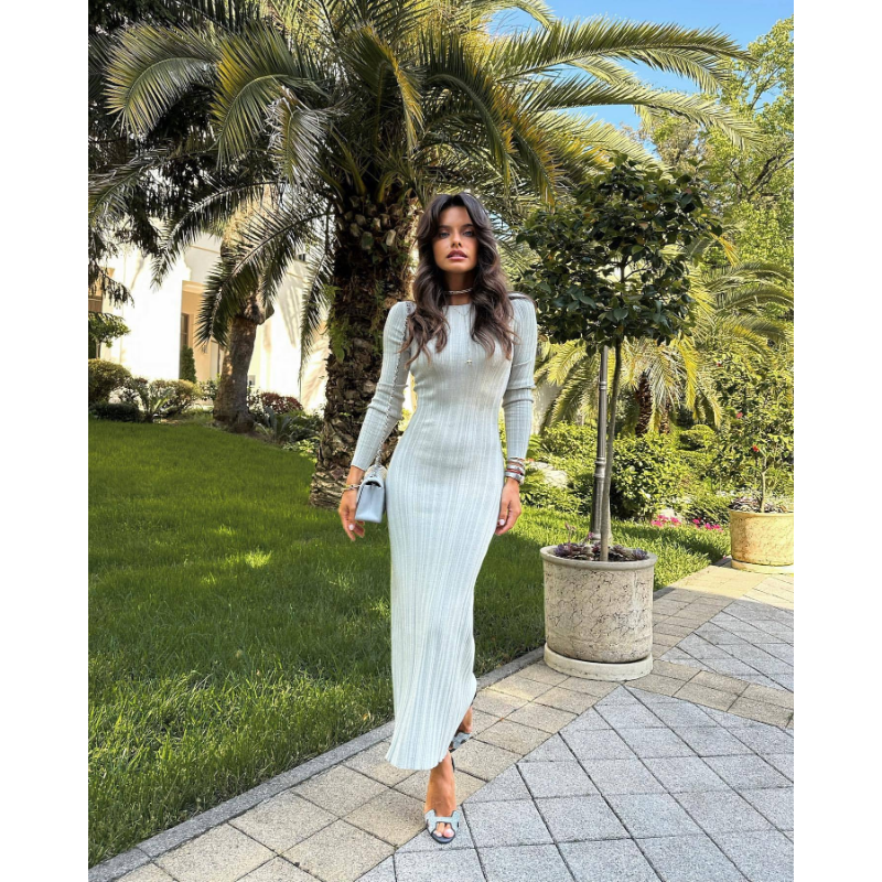 Ootddress Long Sleeve Slim Knit Maxi Dress For Women High Waist Casual Fashion Elegant Party Dress Skinny Summer Female Dress 2025