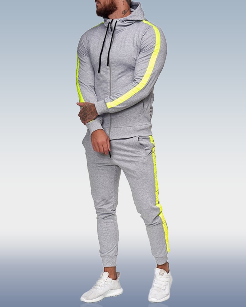 Men's Grey Green Striped Casual Sports Two-Piece Set