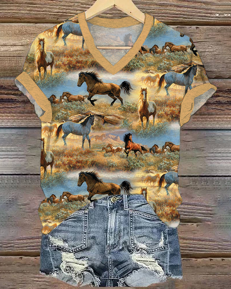 Western Galloping Horse V-neck Short Sleeve Shirt