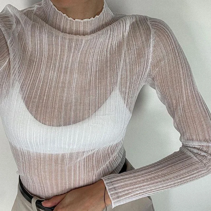 Churchf Churchf Wind Early Autumn New Women's Long Sleeve Mesh Perspective T-Shirt Women's Solid Color High Collar Slim Top