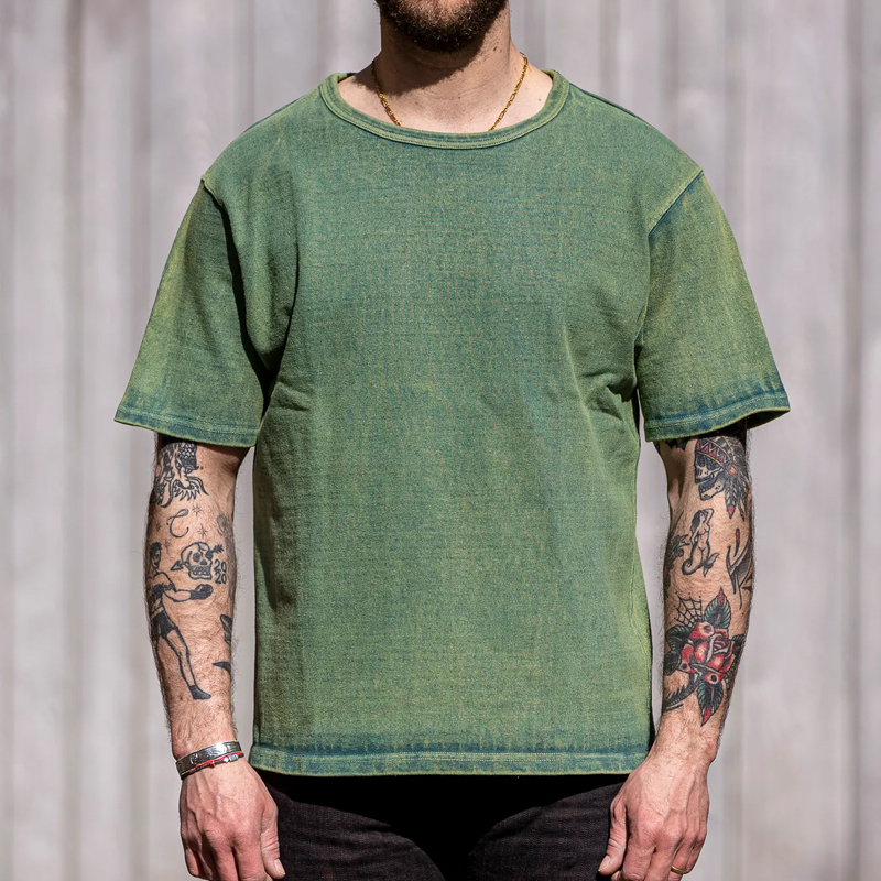 Men's Casual 15.7oz Washed Distressed Green Short-Sleeved T-Shirt