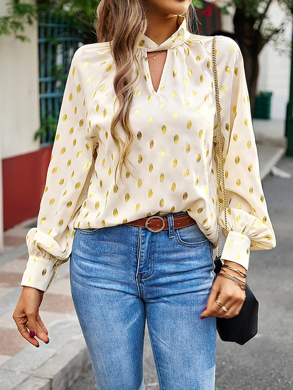 Bronzing Hollow Long Sleeves Loose Mock Neck Blouses&Shirts Tops