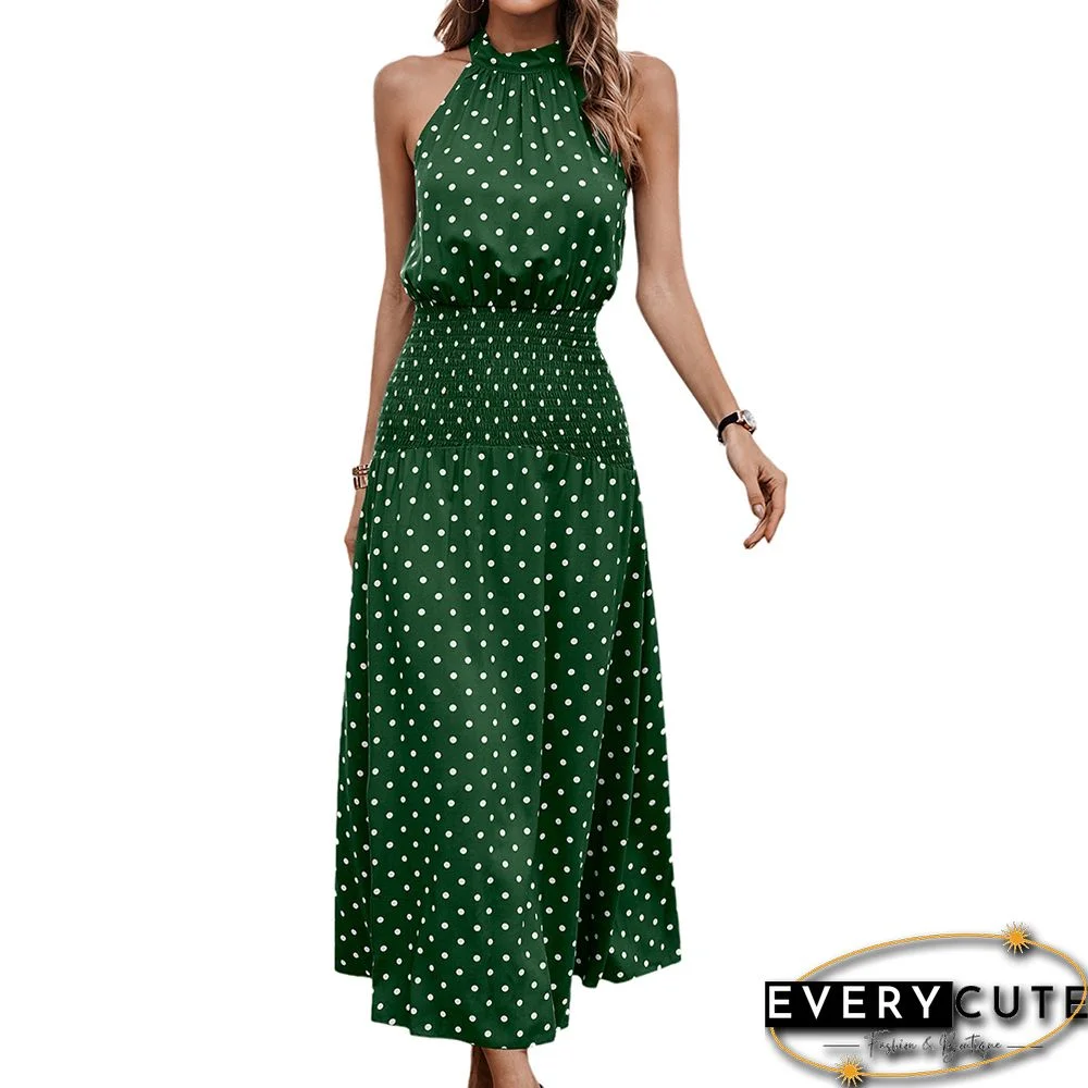 Dark Green Polka Dot Pleated Waist Halter Casual Dress