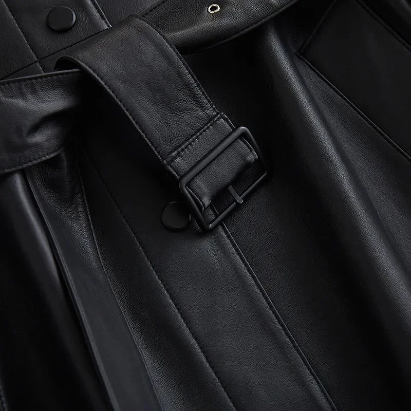 Huiketi Autumn Black Long Leather Trench Coat for Women with Hood Long Sleeve Belt Spring Waterproof Pu Leather Raincoat 2023