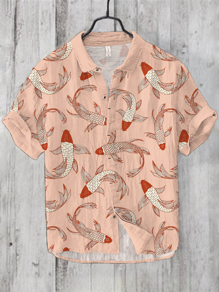 menweary Japanese Koi Ocean Art Linen Short Sleeve Shirt