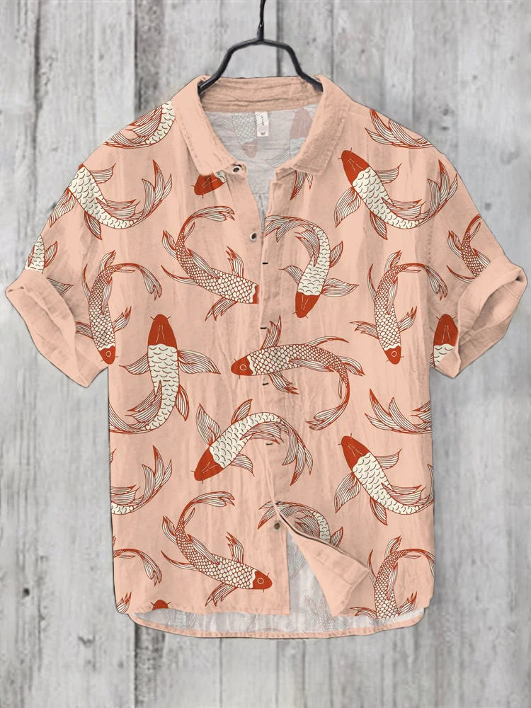 Japanese Koi Ocean Art Linen Short Sleeve Shirt