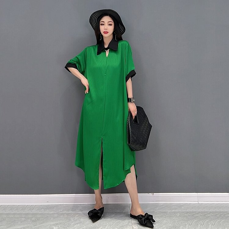Casual Solid Color Hollow Out Turn-down Collar Irregular Pleated Dress      