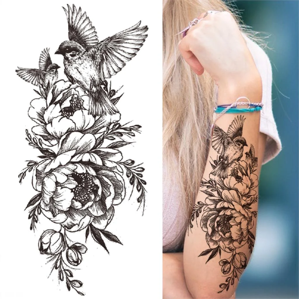 Geometry Rose Flower Temporary Tattoos For Women Girls Black Butterfly Bird Tattoo Sticker Fake Peony Geometric Body Art Tattos