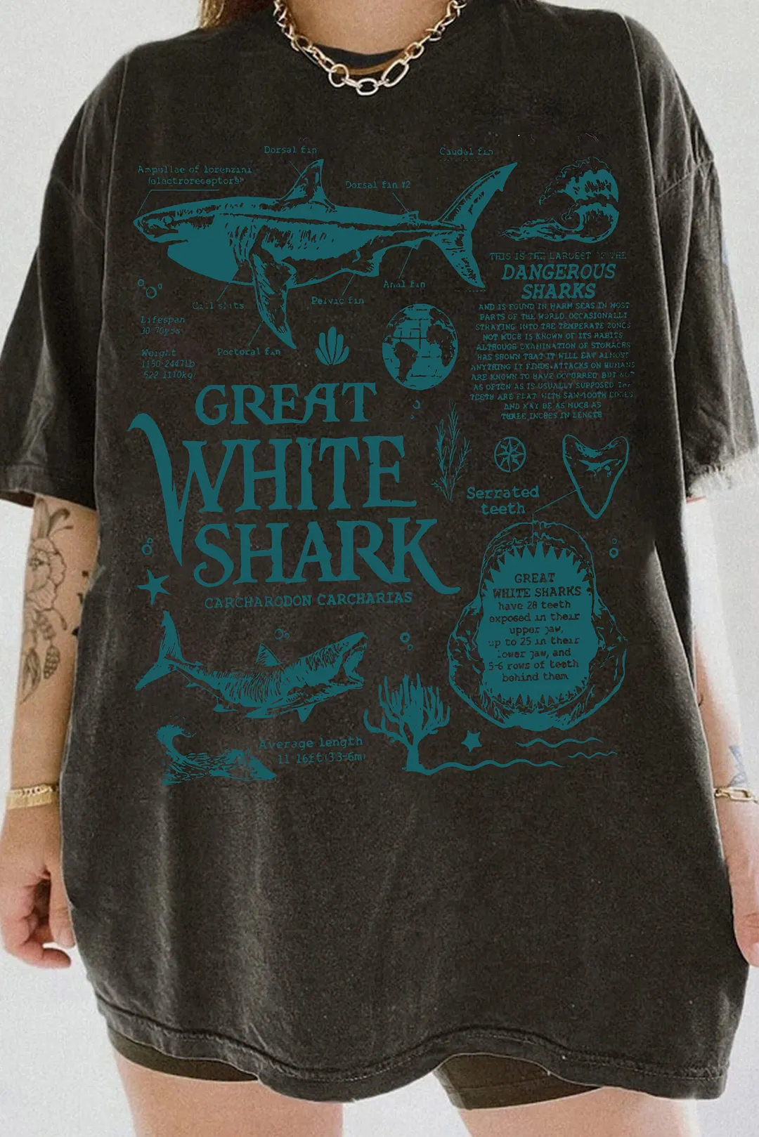 Shark Short Sleeve Round Neck White 100% Cotton T-Shirt for Women