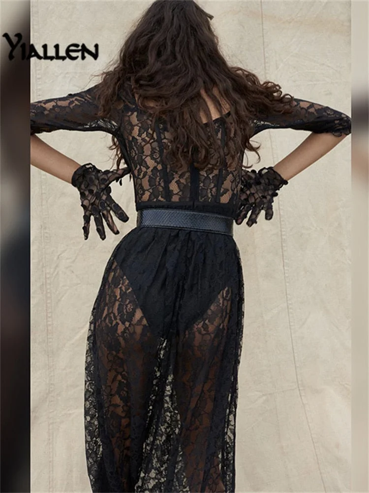 Yiallen 2021 Y2k Fashion Party Vacation Beach Sexy Black Lace Long Dress Women's Spring Quarter Sleeve Mid-Calf Dresses Clubwear