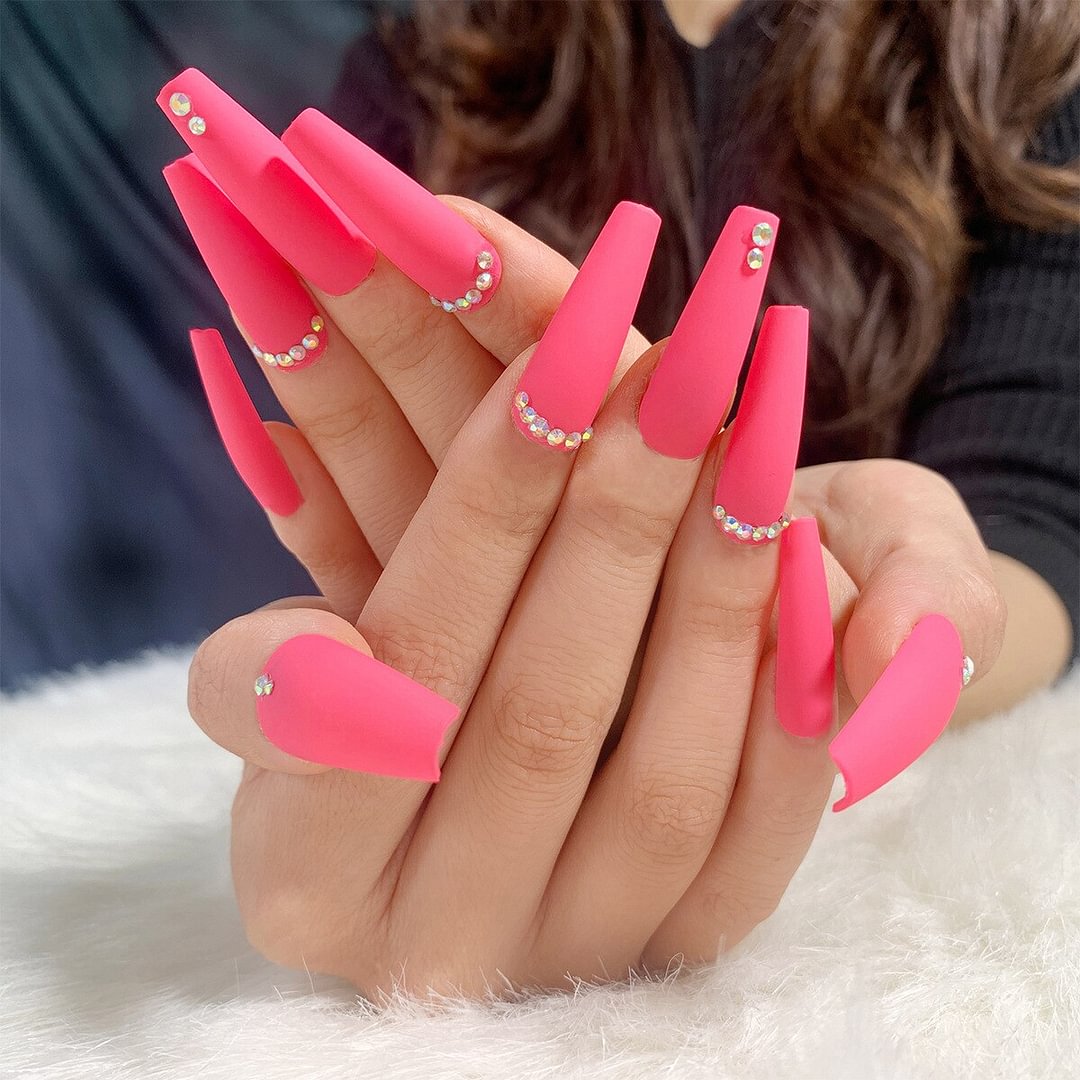 24pcs Pink Long Ballet Rhinestone Fake Nails Full cover Fake Nails Glue DIY Manicure Nail Art Tools