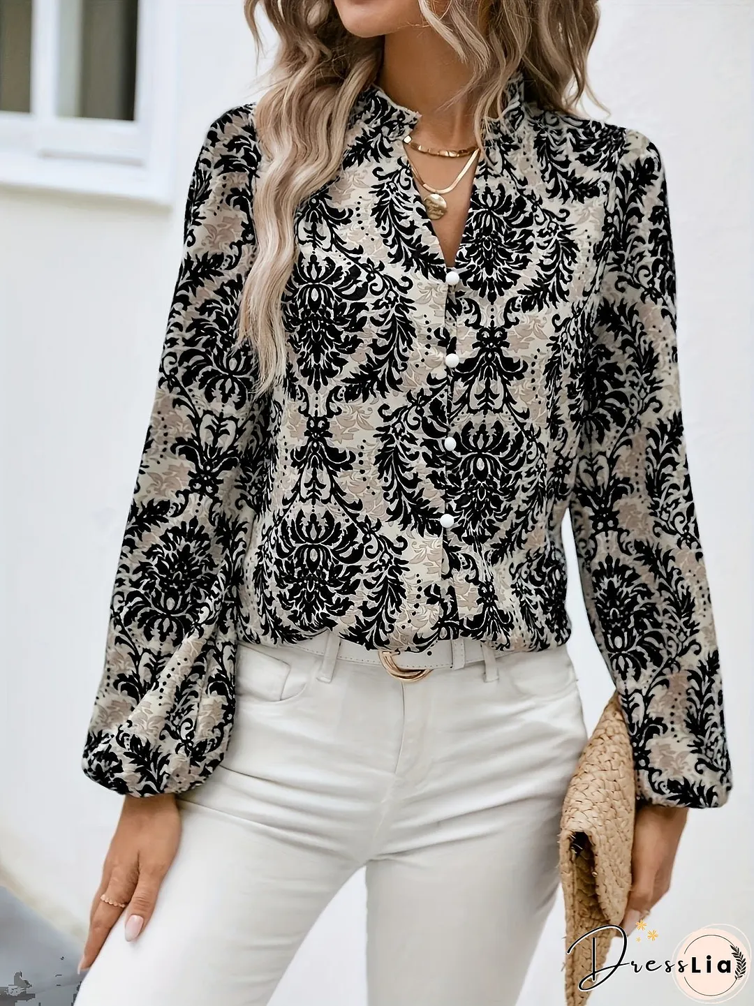 Ethnic Floral Print Blouse, Boho V Neck Long Sleeve Blouse, Women's Clothing