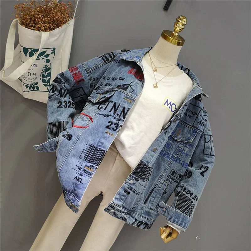 2021 Women Denim Jacket Loose Letter Embroidery Harajuku Large Size Denim Coat Single-Breasted Turn Down Collar Female Jacket