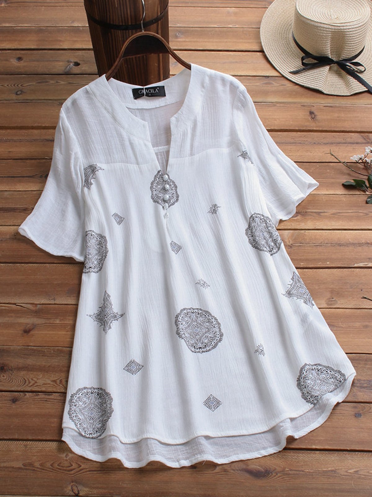 Bohemian Print Short Sleeve V Neck Button Blouse