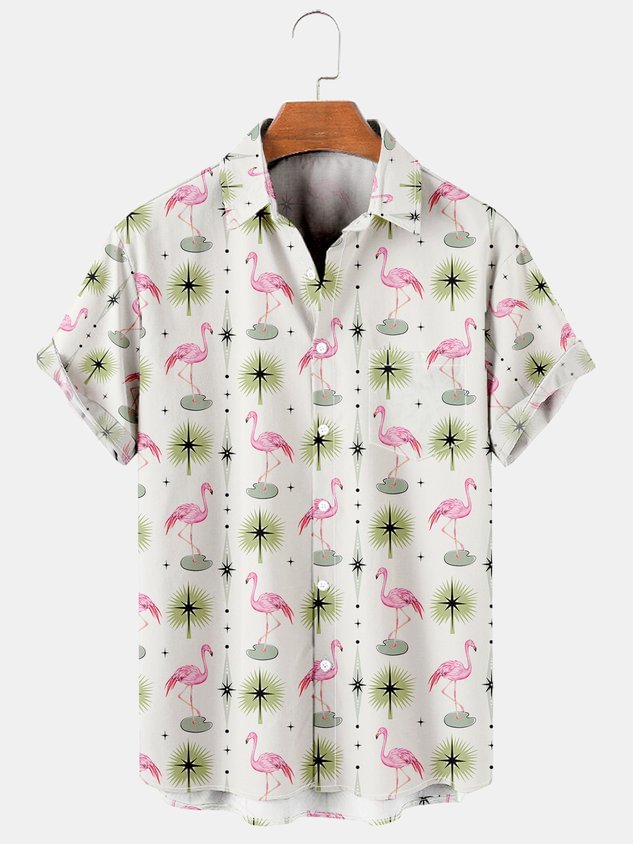 Mens Flamingo Print Breathable Casual Short Sleeve Shirt
