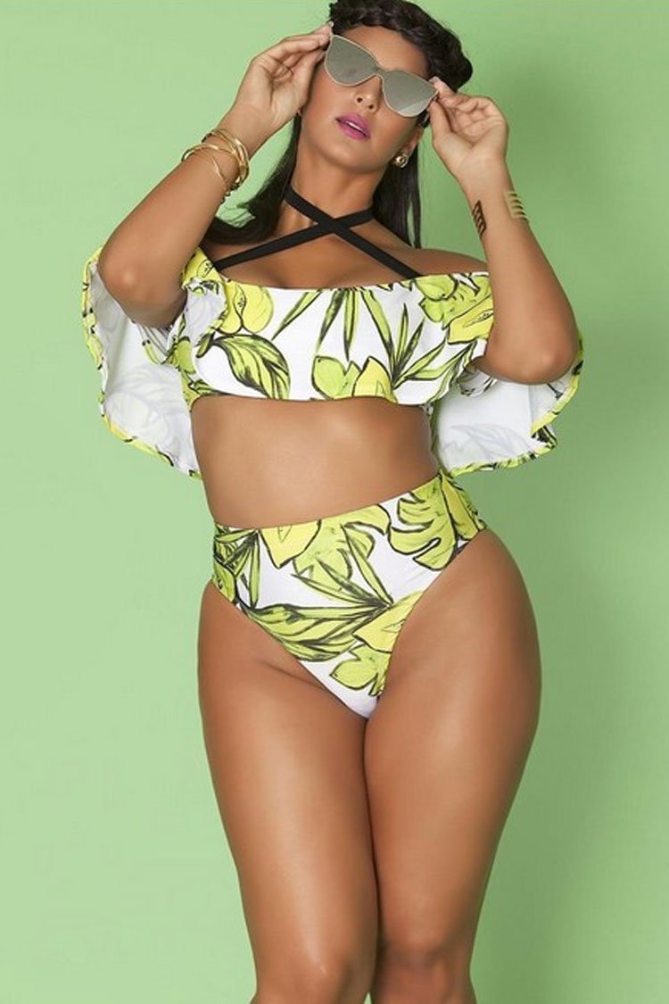 Plus Size Palm Leaf High Waist Halter Ruffle Off Shoulder Bikini Swimsuit - Two Piece Set-elleschic