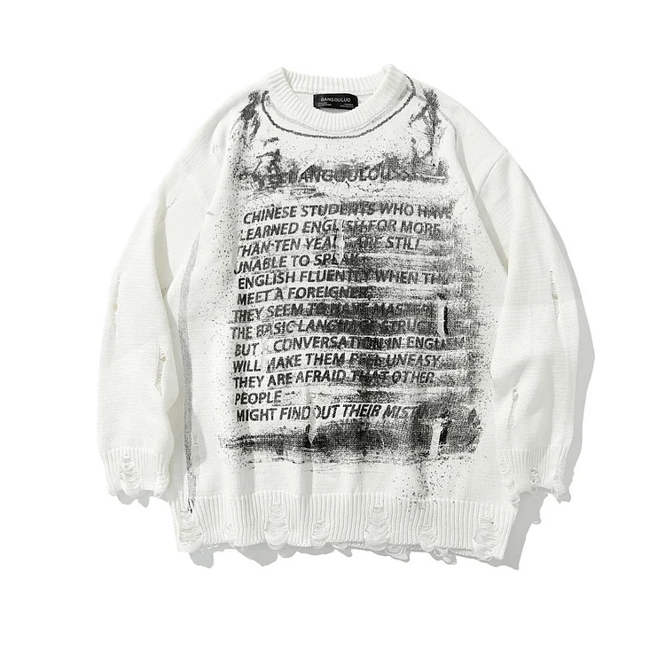Letter Pattern Beggar Hole Sweater High Street Loose Round Neck Pullover Sweater at Hiphopee