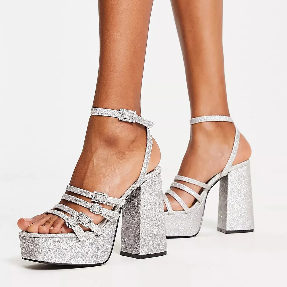 Silver Glitter Open Toe Chunky Heel Platform Sandals with Buckle Nicepairs