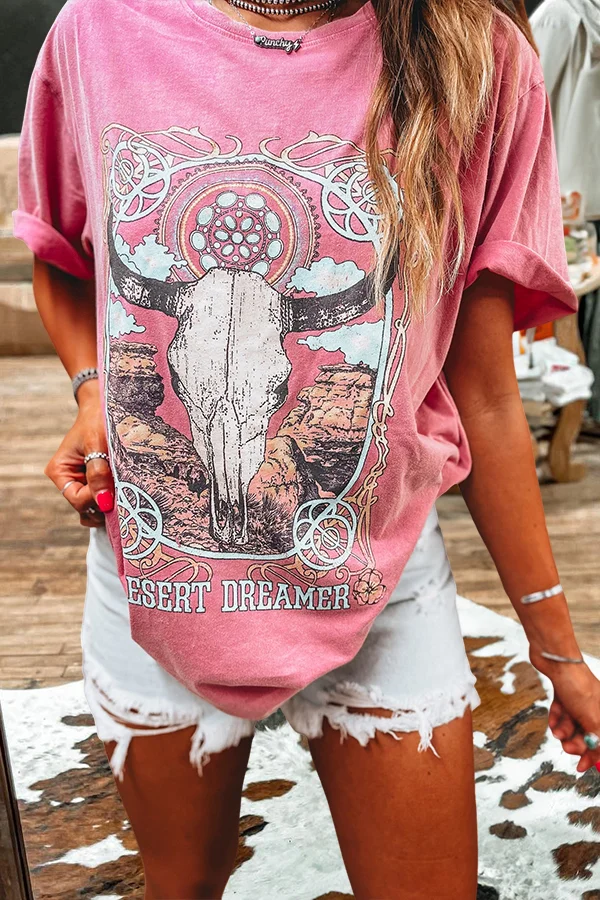 Retro Cow Head Print Crew Neck T-Shirt