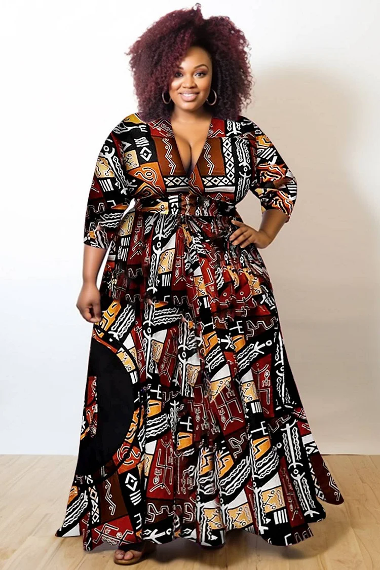 Xpluswear Design Plus Size Brown Ankara Spring Summer V Neck 3/4 Sleeve Pocket Knitted Maxi Dresses 