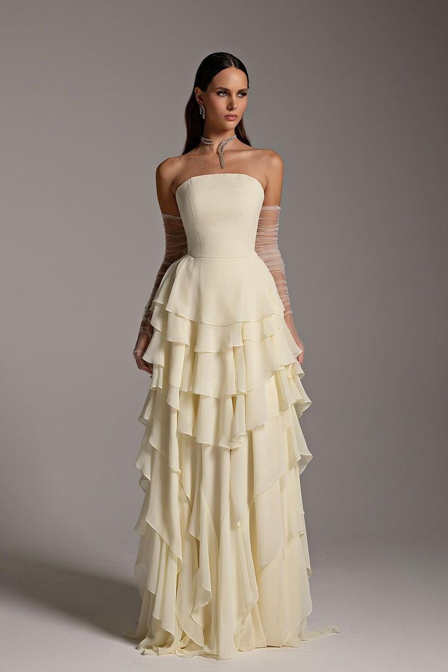Lvs&Broner Charming Strapless Sleeveless Ruffles Long Prom Dress With Gloves