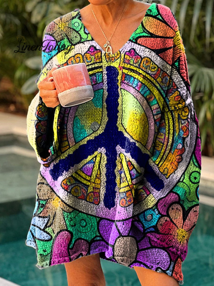 Women&rsquo;s Colorful Floral Peace Badges Casual Pullover Sweater Multicolor / M