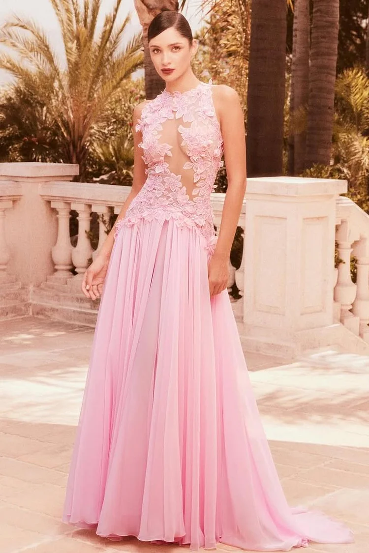 Stunning Halter Sleeveless Long Prom Dress With Appliques Pleated XJ0631