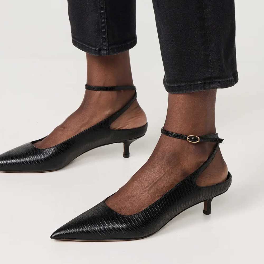Black Vegan Leather Pointed Toe Kitten Heel Ankle Strap Pumps Nicepairs