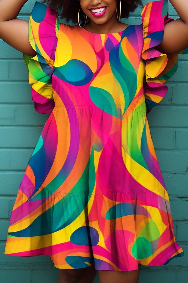 Xpluswear Design Plus Size Daily Rainbow Casual All Over Print Round Neck Flutter Sleeve Ruffle Mini Dresses