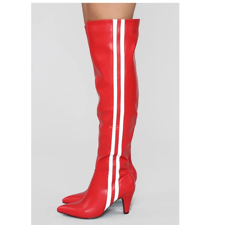 Red Cone Heel White Stripes Long Boots Over-the-knee boots |FSJ Shoes