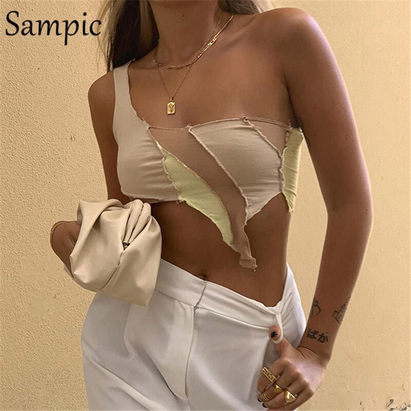Sampic Y2K Women Patchwork Off Shoulder Summer Mini Vest Crop Tops Sexy Ladies 2021 Club Basic T Shirt Tank Tops Sweatwear