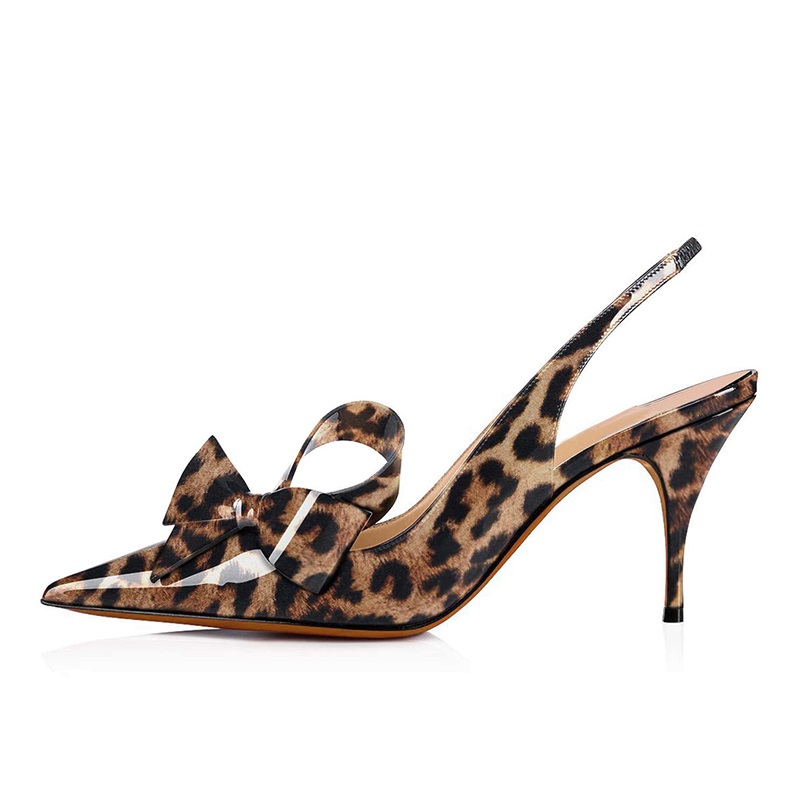 Patent Leather Leopard Print Heels Pointy Toe Bow Slingback Pumps|FSJshoes