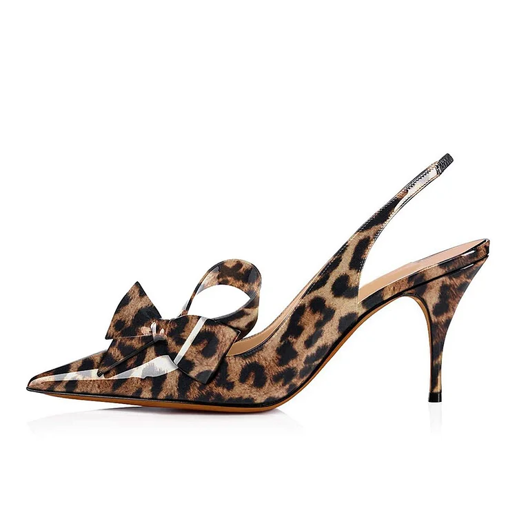 Patent Leather Leopard Print Heels Pointy Toe Bow Slingback Pumps |FSJ Shoes