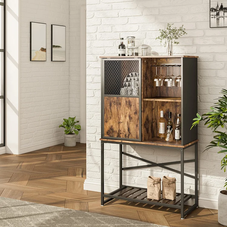 Wine Bar Cabinet for Liquor and Glasses Coffee Station Buffet Sideboard with Wine Glass Rack Mini Bar for Home Kitchen Storage Cabinet with Sliding Door and Open Shelf